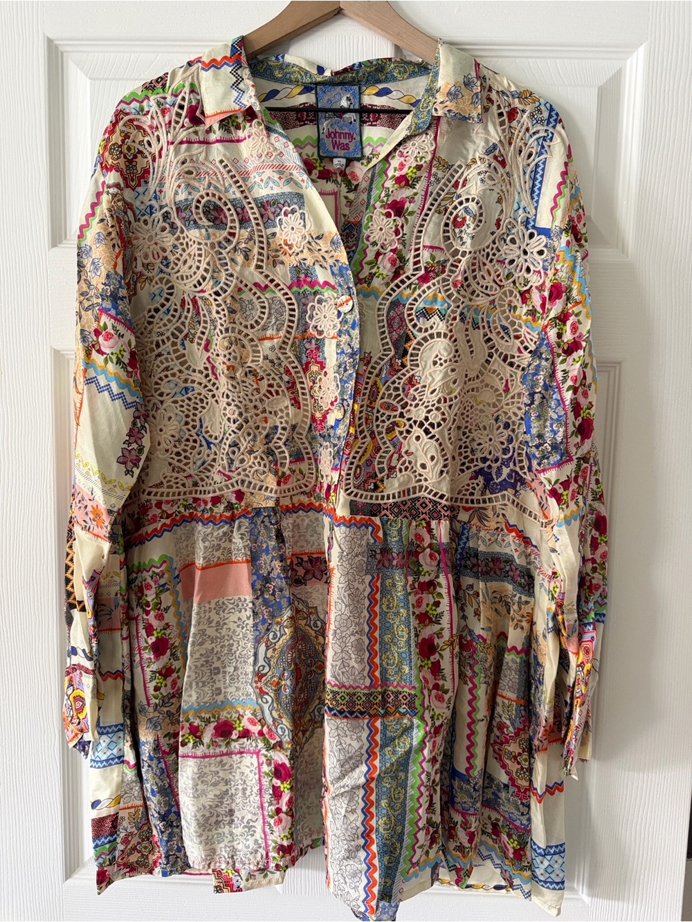 NWT Johnny Was Stano Monroe Tunic Silk Boho Mixed Print Lace Top Size XL